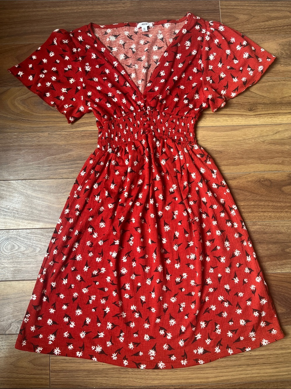 Ardene Red Floral V-Neck Smocked Midi Dress Ruffles Summer Size XS